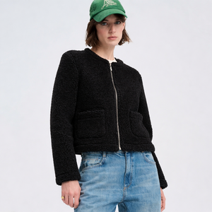 Women's Plush Cropped Jacket - 100% Wool - Black (S-L)