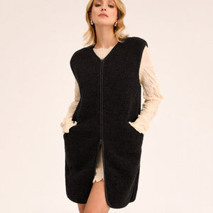 Womens Long Zip Vest - Wool Fleece - Black