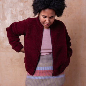 Women's Plush Bomber Jacket - 100% Wool - Cherry Liqueur