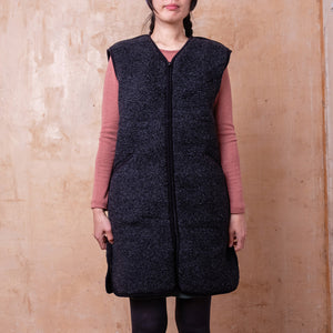 Womens Long Zip Vest - Wool Fleece - Black