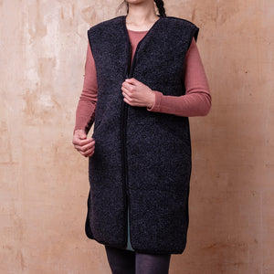 Womens Long Zip Vest - Wool Fleece - Black