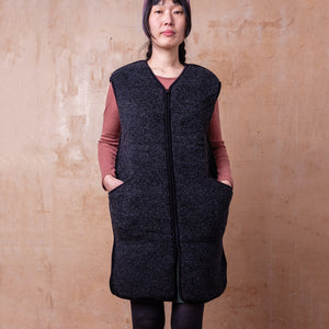 Womens Long Zip Vest - Wool Fleece - Black