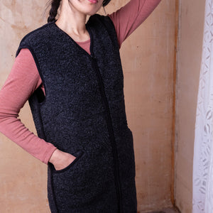 Womens Long Zip Vest - Wool Fleece - Black