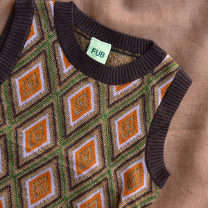 Harlequin Knit Vest - 100% Merino - Orange/Mocha (2-12y+)