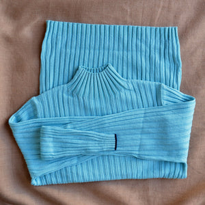 Women's High Neck Long Sleeve Rib Raglan Top - 100% Merino - Aqua (S-L)