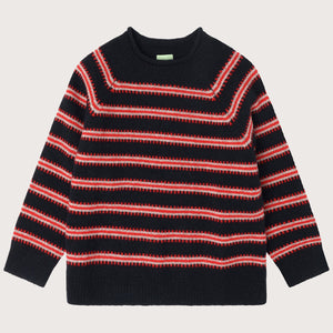 Raglan Sweater - 100% Lambswool - Navy/Red Stripe (2-12y+ Teen/Womens XS)