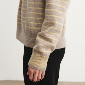 Women's Sweater - 100% Lambswool - Oat/Wheat Stripes (S-L) *Arriving 2026