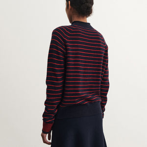 Women's Sweater - 100% Lambswool - Navy/Red Stripes (S-L)