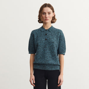 Women's Polo Tee - 100% Merino - Aqua/Navy Melange (S-L) *Arriving 2026