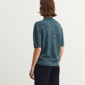 Women's Polo Tee - 100% Merino - Aqua/Navy Melange (S-L) *Arriving 2026