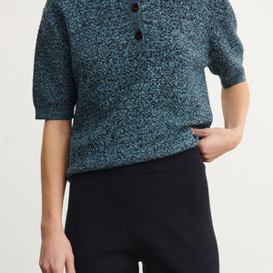 Women's Polo Tee - 100% Merino - Aqua/Navy Melange (S-L) *Arriving 2026