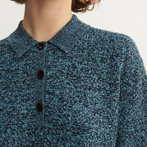 Women's Polo Tee - 100% Merino - Aqua/Navy Melange (S-L) *Arriving 2026