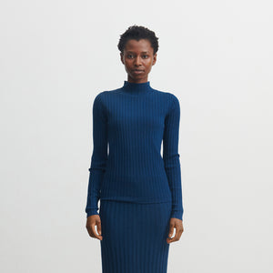 Women's High Neck Long Sleeve Rib Raglan Top - 100% Merino - AW25 Pond Blue (S, M, L)