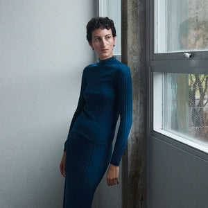 Women's High Neck Long Sleeve Rib Raglan Top - 100% Merino - Pond Blue (S, M, L)