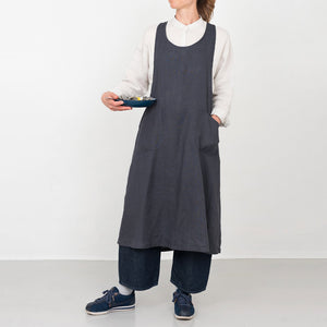 Women's Linen Cross Over Apron Dress - Charcoal Blue