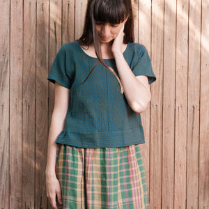 Cross Stitch Pieces Top - 100% Indian Cotton Muslin - Viridian Blue (Women S-L)