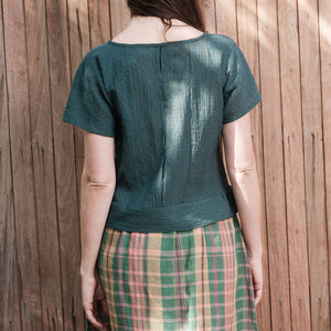 Cross Stitch Pieces Top - 100% Indian Cotton Muslin - Viridian Blue (Women S-L)