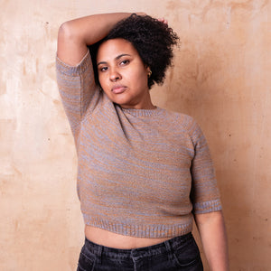 Lise Half Sleeve Sweater - 100% Baby Alpaca - Light Blue/Mustard Melange