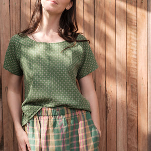 Cross Stitch Pieces Top - 100% Indian Cotton Muslin - Viridian Blue (Women S-L)