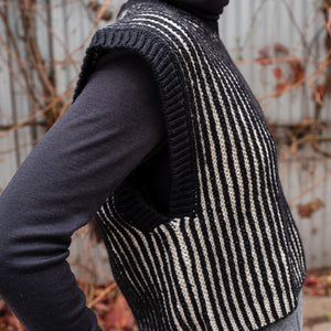 Women's Chunky Brioche Vest - 100% Highland Wool - Black/Ecru (S-L)