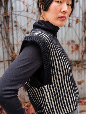 Women's Chunky Brioche Vest - 100% Highland Wool - Black/Ecru (S-L)