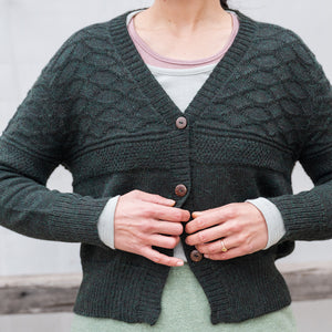Women's Gansey Cardi - 100% Baby Alpaca - Forest Green Melange (S-L) *Returning 2026