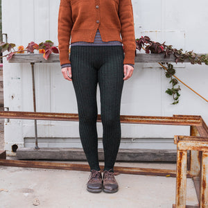 Women's High Waisted Knitted Rib Leggings - 100% Baby Alpaca - Forest Green Melange (S-XL)