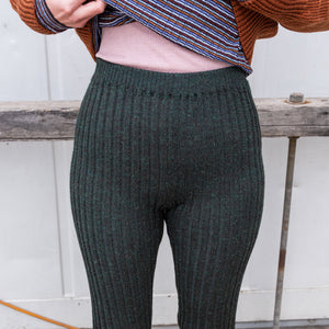 Women's High Waisted Knitted Rib Leggings - 100% Baby Alpaca - Forest Green Melange (S-XL)