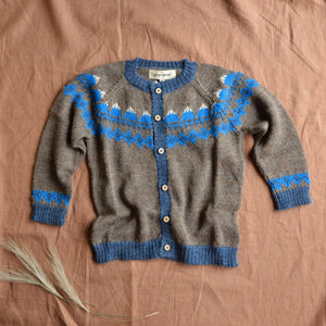 FairIsle Mountain Cardigan - 100% Baby Alpaca - Cedar/Blue (18m-8y)