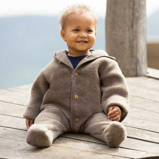 Hooded Baby Overall in Organic Wool Fleece - Sand (0-24m) *Arriving Autumn