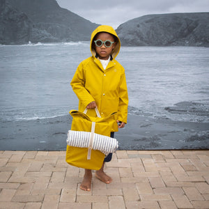Yellow Mustard Vintage style recycled rain coat for kids by fairechild available from Woollykins Australia New Zealand