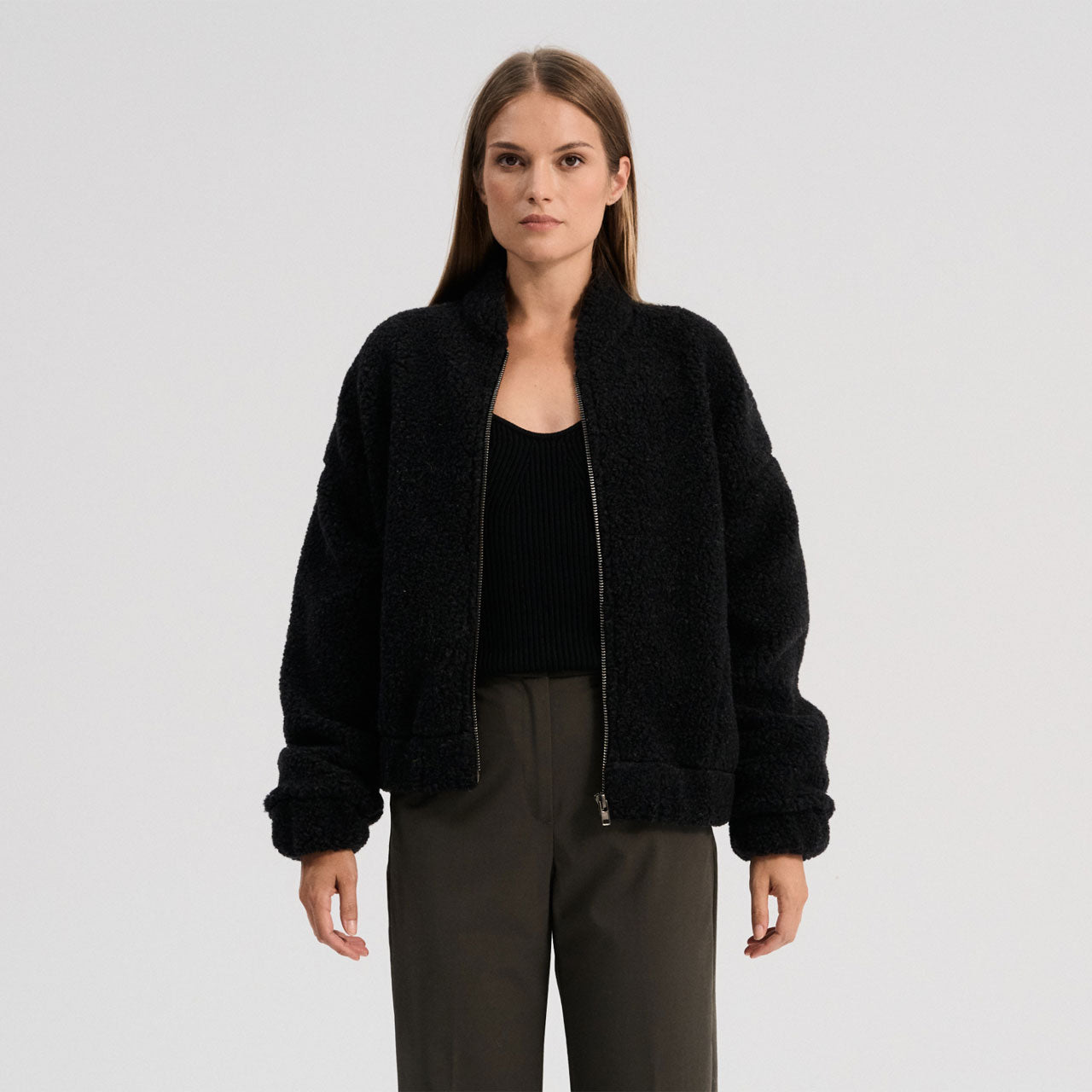Women's Plush Bomber Jacket - 100% Wool - Black (XS-L)