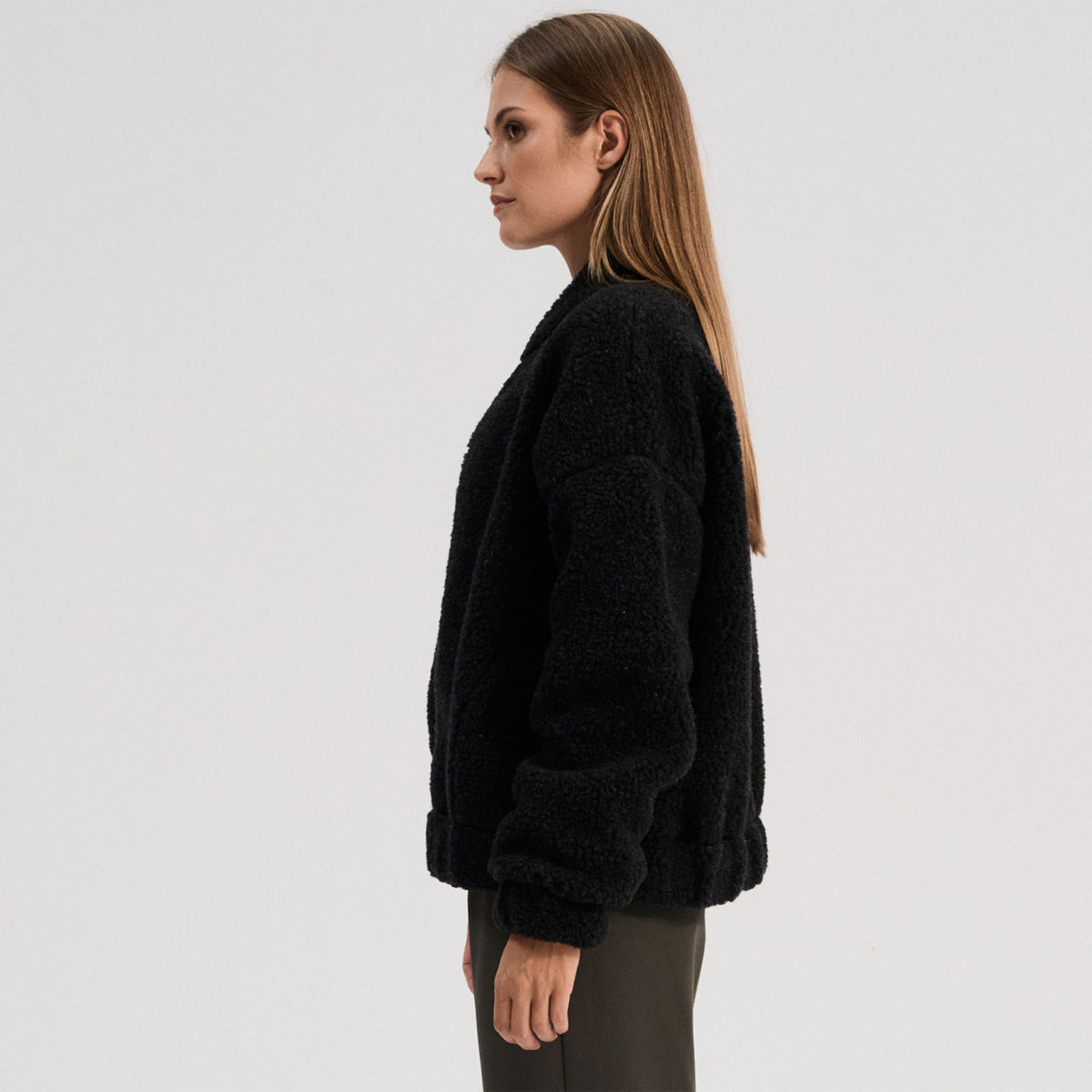 Women's Plush Bomber Jacket - 100% Wool - Black (XS-L)