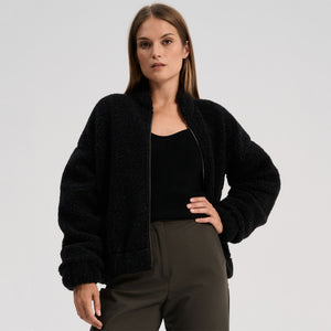 Women's Plush Bomber Jacket - 100% Wool - Black (XS-L)