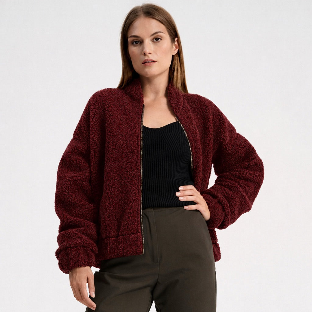 Women's Plush Bomber Jacket - 100% Wool - Cherry Liqueur (XS-L) *Pre-Order
