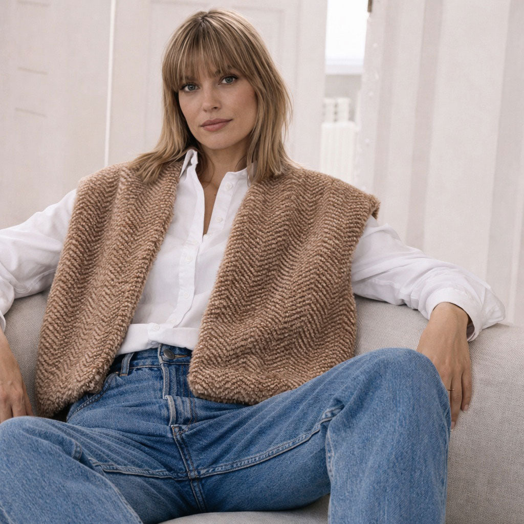Women's Fleece Vest - 100% Wool - Herringbone Camel (XS-L) *Pre-Order