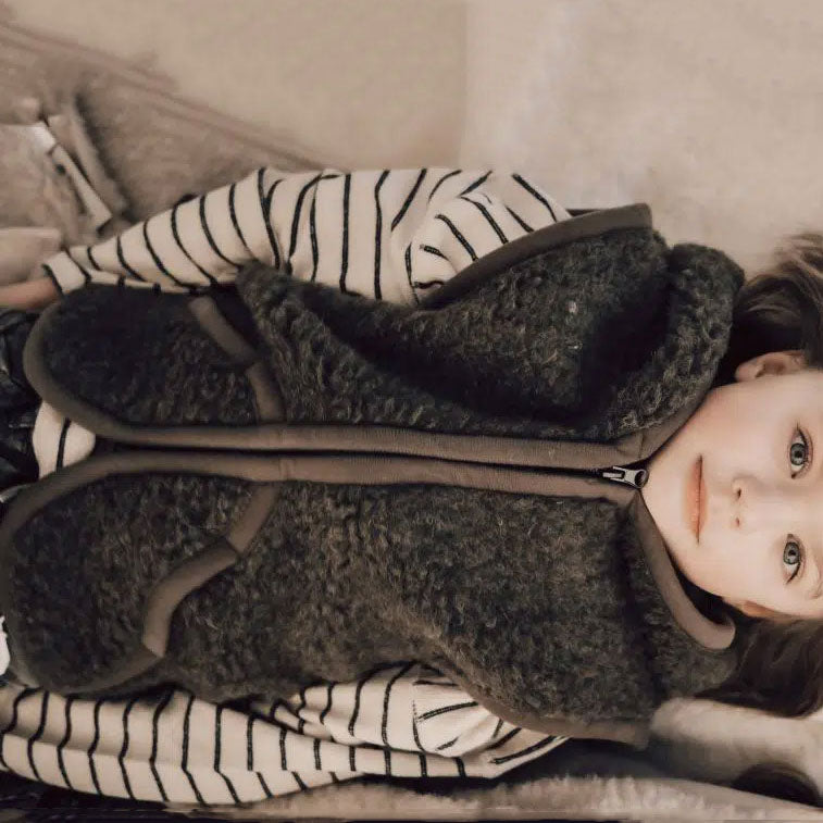 Hooded Zip Teddy Vest - Wool Fleece - Khaki (1-12y+)