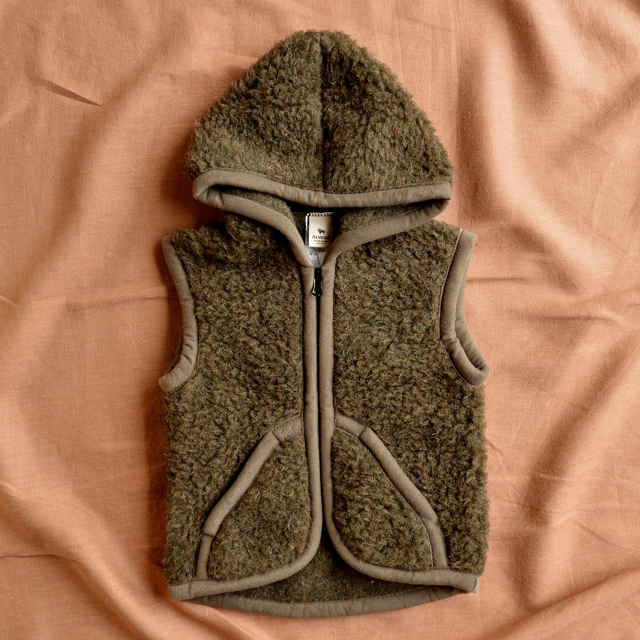 Hooded Zip Teddy Vest - Wool Fleece - Khaki (1-12y+)