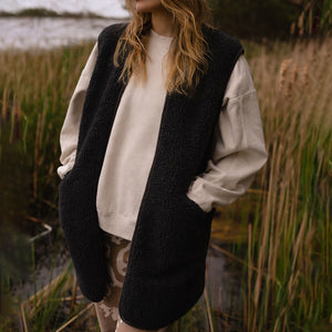 Womens Long Zip Vest  - Wool Fleece - Black (S, M, L) *Pre-Order