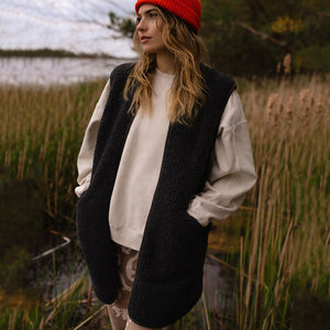 Womens Long Zip Vest  - Wool Fleece - Black (S, M, L) *Pre-Order