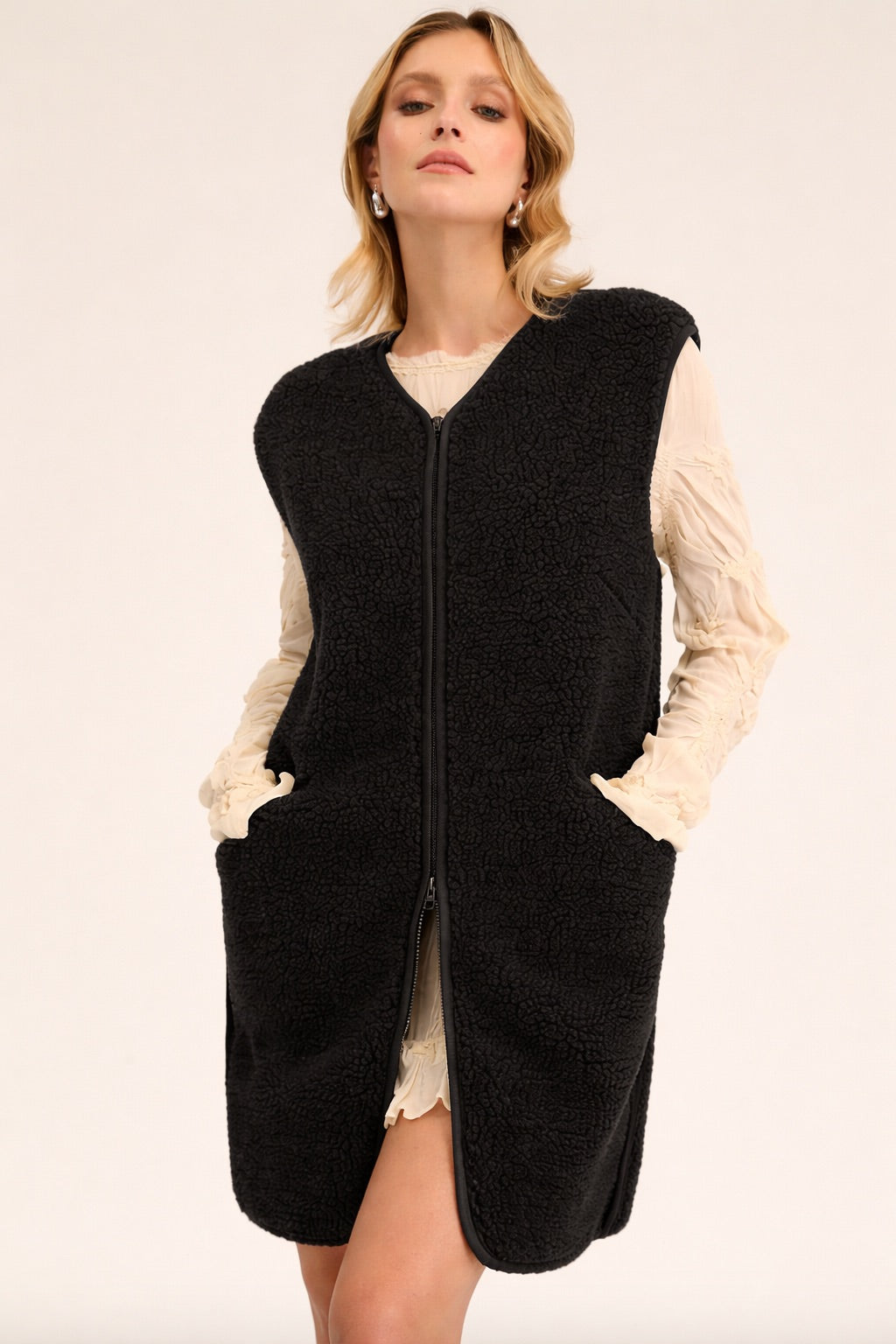 Womens Long Zip Vest  - Wool Fleece - Black (S, M, L) *Pre-Order