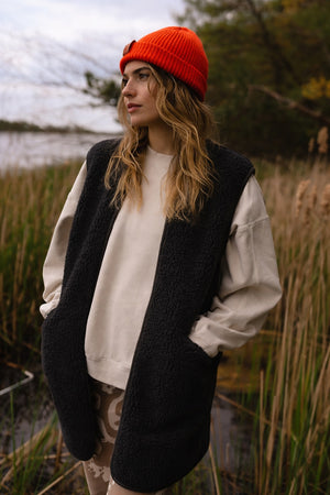 Womens Long Zip Vest  - Wool Fleece - Black (S, M, L) *Pre-Order