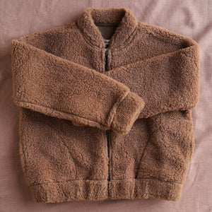 Women's Plush Bomber Jacket - 100% Wool - Teddy Brown