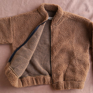 Women's Plush Bomber Jacket - 100% Wool - Teddy Brown