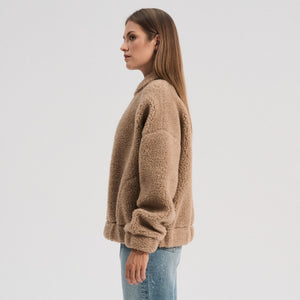 Women's Plush Bomber Jacket - 100% Wool - Tan (XS-L)