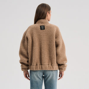 Women's Plush Bomber Jacket - 100% Wool - Tan (XS-L)