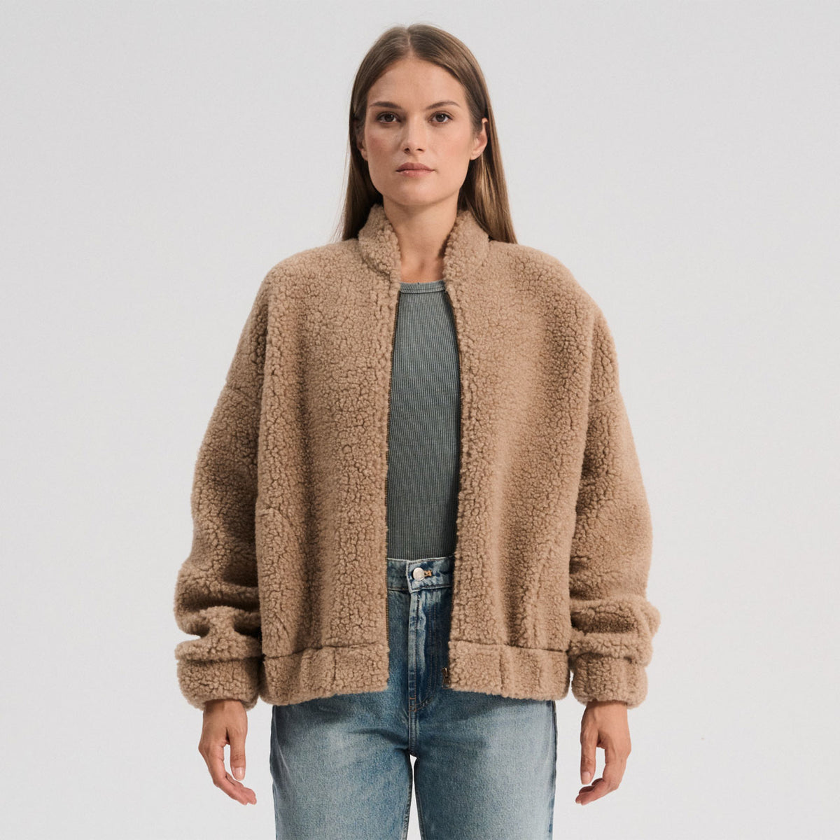 Women's Plush Bomber Jacket - 100% Wool - Tan (XS-L) *Returning 2026