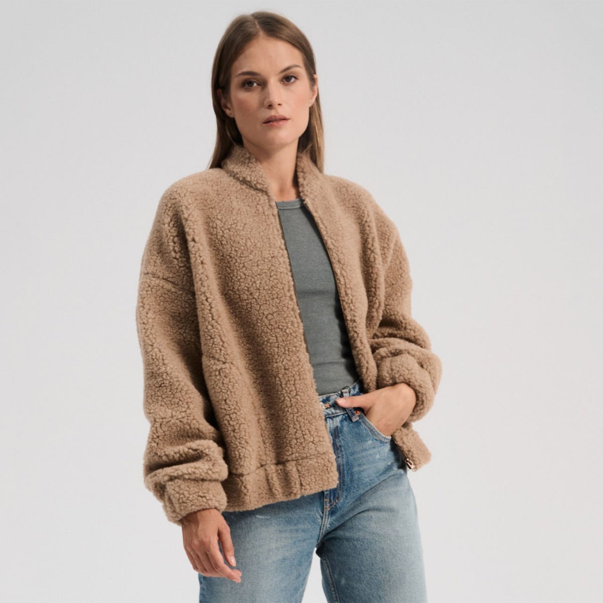 Women's Plush Bomber Jacket - 100% Wool - Tan (XS-L) *Returning 2026