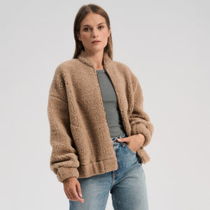 Women's Plush Bomber Jacket - 100% Wool - Tan (XS-L)