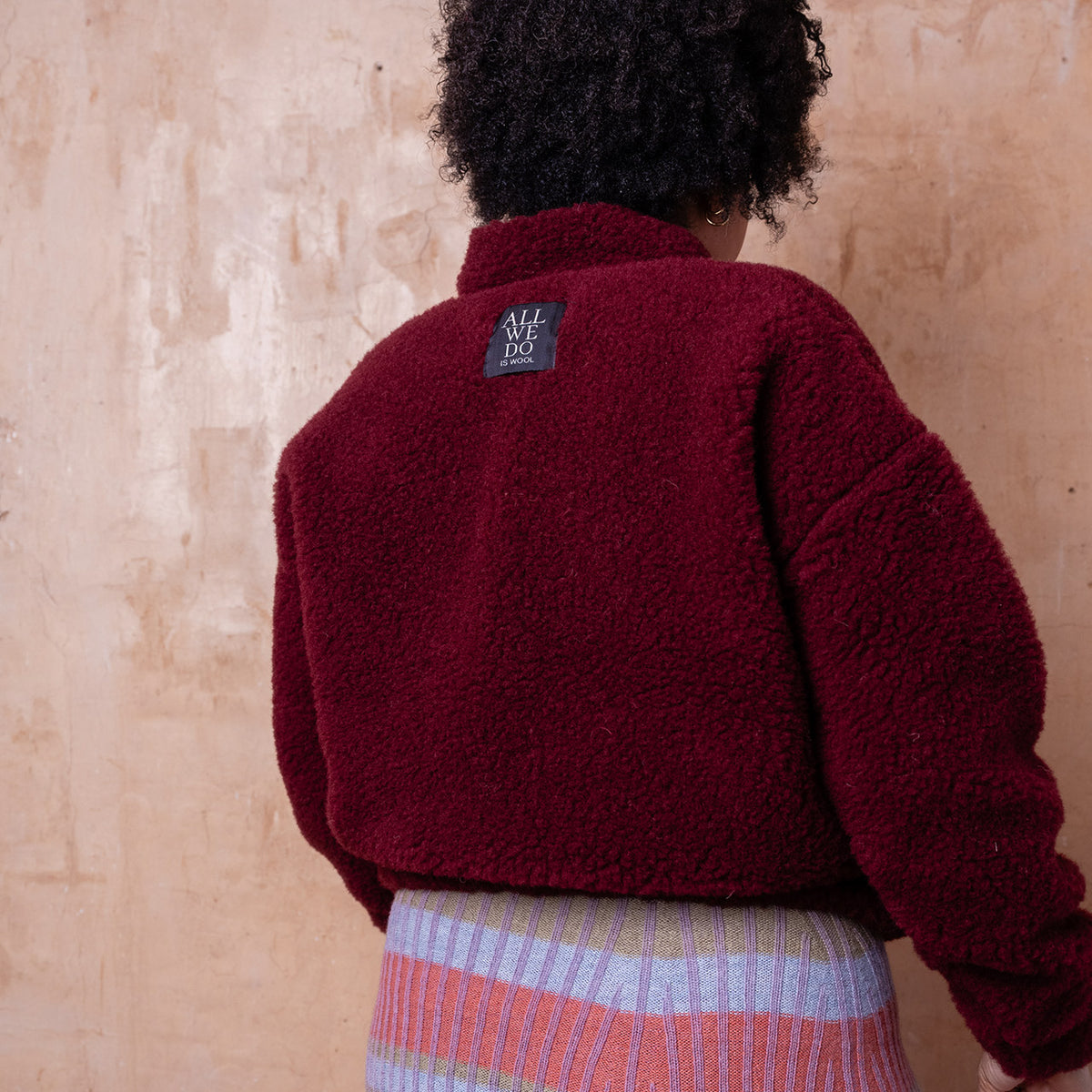 Women's Plush Bomber Jacket - 100% Wool - Cherry Liqueur